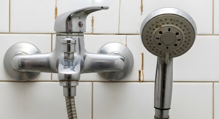 Chrome bathroom faucet and handheld showerhead on white tiled wall with rust stains