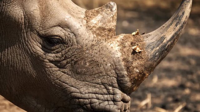 A powerful close up captures the rugged texture of a rhinoceros s horn and face revealing intricate details of its leathery skin and weathered appearance