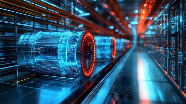 A futuristic server rack housing a glowing cylindrical thermal management unit with red illuminated rings and blue digital grid patterns running through its core in a high-tech data center environment