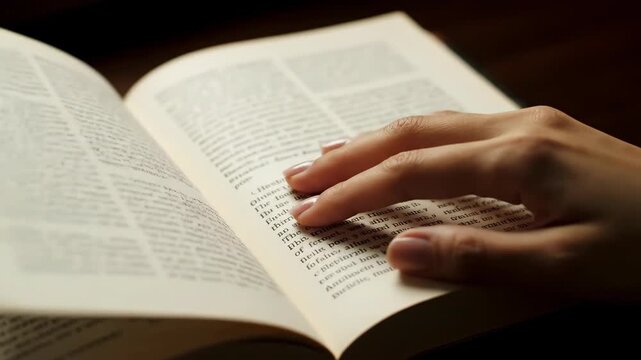 A hand turns the pages of an open book with small text The close up view emphasizes the texture and detail of the paper and lettering suggesting study or research
