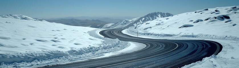 A winding road through a snowy landscape, surrounded by mountains under clear blue skies, creating a serene winter scene.