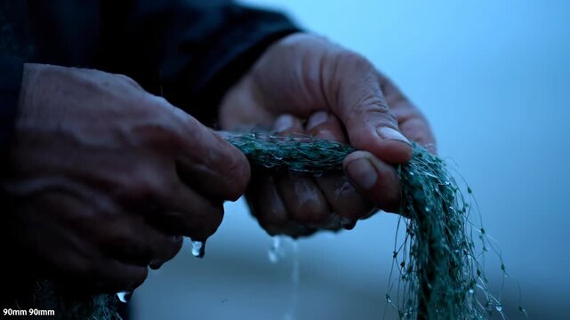 Close up on weathered hands untangling a green fishing net against a soft blue background Focus on the rough texture and the intricate detail of the netting