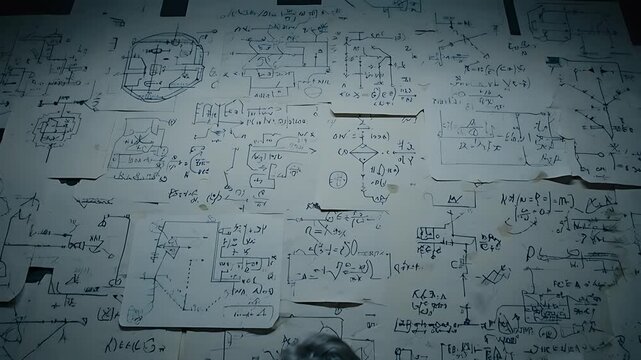 Scientist contemplates complex physics equations and mathematical theories written across numerous handwritten papers covering a dark wall surface.