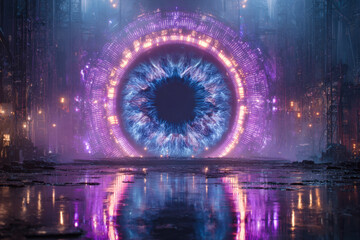a surreal image of a portal in the shape of a human eye