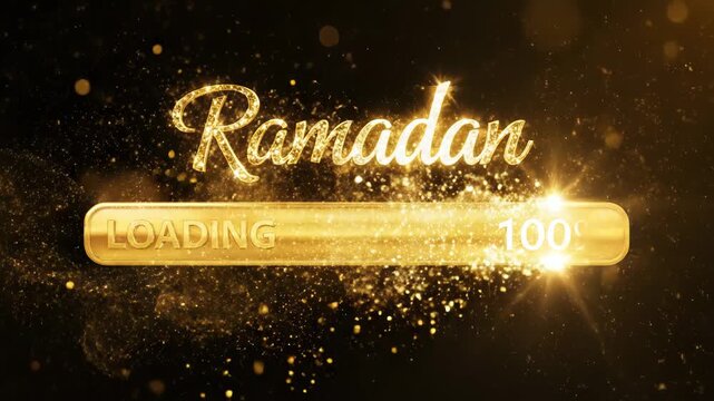Golden Ramadan loading bar with sparkling particles and glowing text on dark background festive
