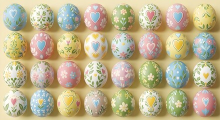 Decorated Easter Eggs with Floral Patterns and Hearts on Beige Background