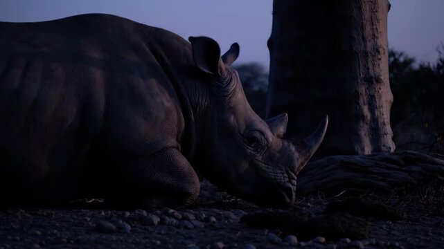 A majestic rhinoceros rests near a large tree at dusk The subdued lighting highlights its rugged skin and the peaceful atmosphere of its natural habitat