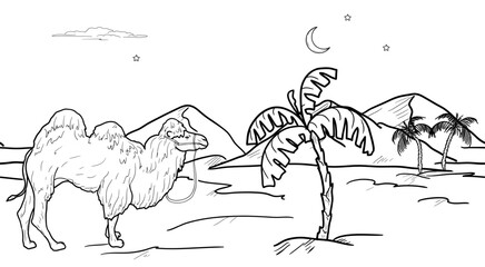 Desert sand dunes, camel and palm trees, black and white sketch. Vector illustration. Crescent moon on colorful night sky and light clouds, seamless border isolated on white background.