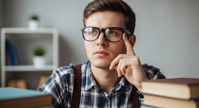 Nerd Young man with glasses sitting at a desk thinking deeply