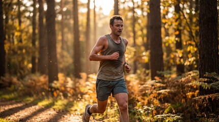 Runner Training in Forest, Autumn Sunlight