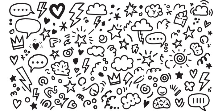 Hand drawn doodle elements set with speech bubbles stars hearts and clouds.