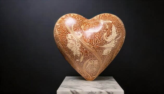 Fossilized Coral Heart Sculpture on Marble Base Against Black Backdrop.