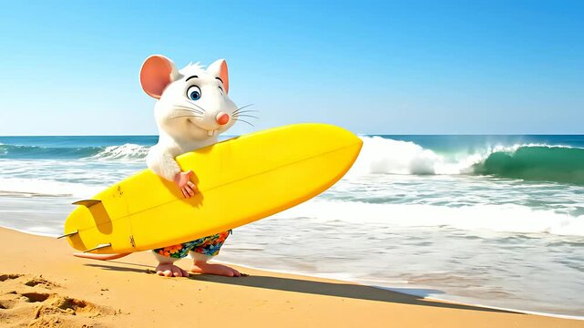 Cheerful cartoon white mouse mascot wearing colorful shorts stands ready for surfing holding a bright yellow surfboard on a sunny beach vacation day.