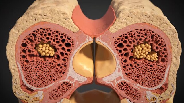 Detailed medical animation showing the intricate network of trabecular bone and granular deposits.