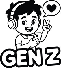 Black-and-white vector of Gen Z youth with headphones, smartphone, peace sign, and heart bubble expressing digital positivity.