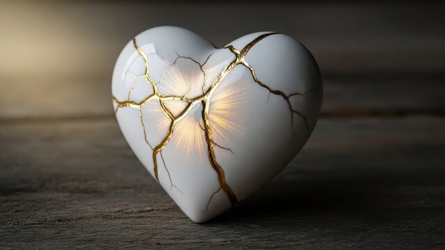 Kintsugi heart sculpture with golden cracks on wooden table