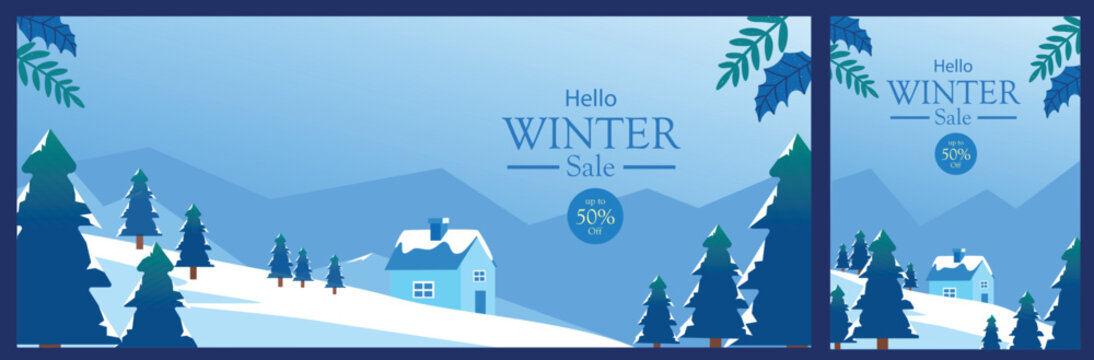 Winter sale vector banner and poster set with snowy landscape, cozy house, pine tree and cool blue gradients. Clean minimalist style perfect for seasonal promotions, social media ads and poster. - Powered by Adobe