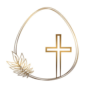 Happy Easter. Isolated design element with a silhouette of an Easter egg and a gold cross.