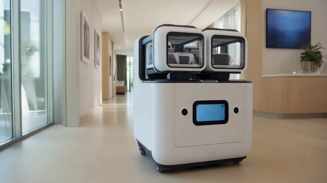 Autonomous meal delivery robot operating in modern senior living facility corridor