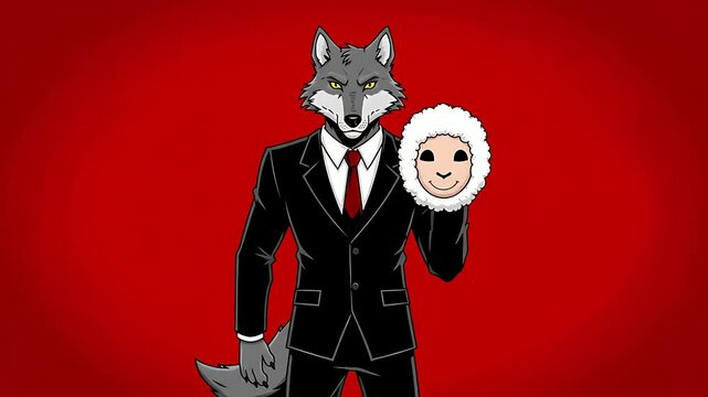 Digital illustration depicting a sinister wolf in a sharp black business suit revealing a fluffy white sheep mask against a striking vibrant red background, symbolizing hidden motives.