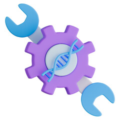 3D illustration showing DNA double helix centered on purple gear with large blue wrench. Represents bioengineer.