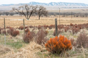 A serene landscape featuring sparse vegetation, a rustic fence, and distant mountains under a cloudy sky.