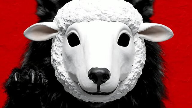 Sinister close-up portrait featuring a white, textured lamb mask covering a dark, furry figure with intense focus set against a vibrant red background.
