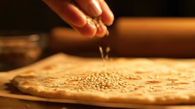 A hand sprinkles sesame seeds onto a flat dough surface preparing it for baking a delicious pastry The close up shot captures the delicate process