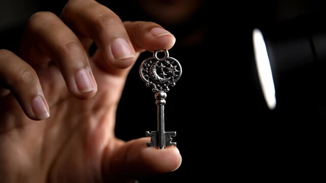A detailed ornate antique key is held between fingers against a dark background symbolizing mystery secrets opportunity and unlocking potential