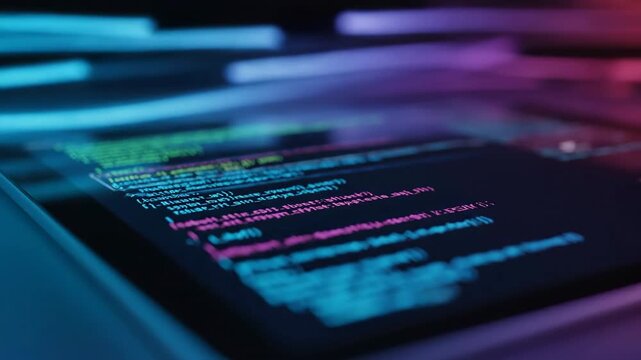 Close up of programming code displayed on a dark screen with abstract blue and pink lighting.