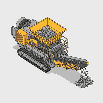 Isometric illustration of a mobile stone crusher machine processing rocks.