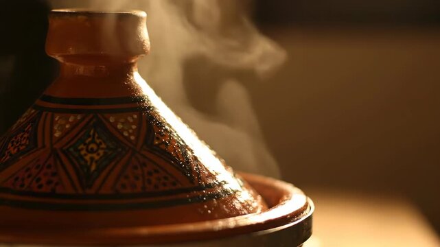 A steaming earthenware tagine pot with intricate patterns glows in warm light Delicious aromas escape signifying a flavorful meal in preparation A culinary delight