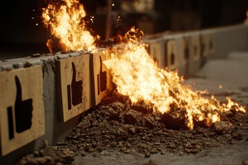 A dramatic scene depicting flames engulfing thumbs-up symbols on a concrete barrier, illustrating a powerful contrast between approval and destruction.