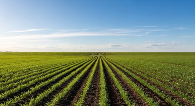 A vast, green field with neatly arranged rows of crops under a clear blue sky with a few scattered clouds.