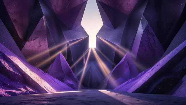 Abstract Purple Crystal Cave with Light Beams: A Geometric Dreamscape of Amethyst.