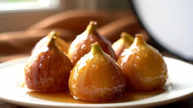 Sweet golden figs poached in syrup glisten on a white plate A delightful dessert or breakfast treat showcasing natural fruity sweetness with a rich syrupy glaze