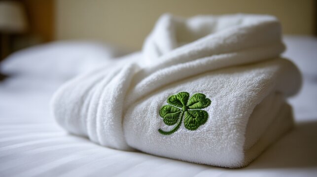 St. Patrick's Day.Soft white robe shamrock luck st patrick day in boho style bedroom relaxation spa comfort folded fabric hotel bed