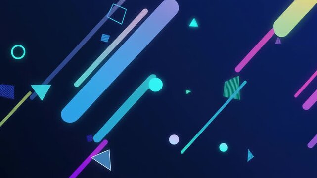 Abstract geometric shapes in motion with vibrant neon gradients on a dark background dynamic