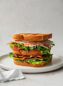 Close up of clubhouse sandwich on plate on white background.