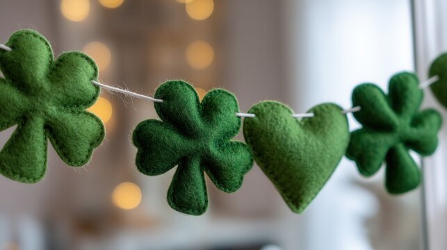 St. Patrick's Day.st patrick day in boho style green shamrock garland soft felt clover heart decoration hanging indoor cozy holiday light bokeh background perfect festive mood