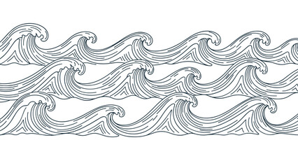 Fototapeta premium Seamless pattern featuring rows of stylized ocean waves with crashing crests in a minimalist line art style for background.