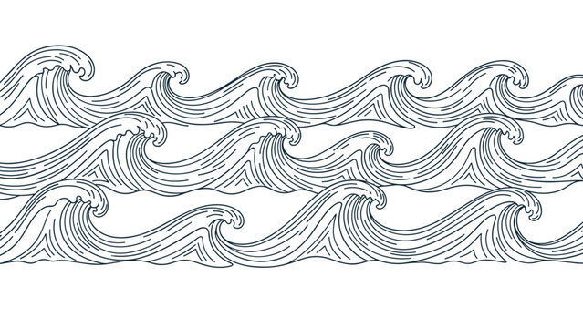 Seamless pattern featuring rows of stylized ocean waves with crashing crests in a minimalist line art style for background.
