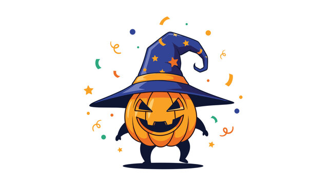 Grinning halloween pumpkin character wearing a blue wizard hat with stars surrounded by colorful confetti and star shapes.