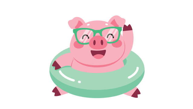 Happy pink piglet wearing green glasses and resting in a light blue swimming ring while waving its hand against white background.