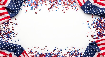 Festive frame of American flag elements and red, white, and blue star confetti for a Presidents Day celebration.
