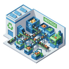 Obraz premium Isometric Recycling Plant with Conveyor Belts and Sorting Machines.