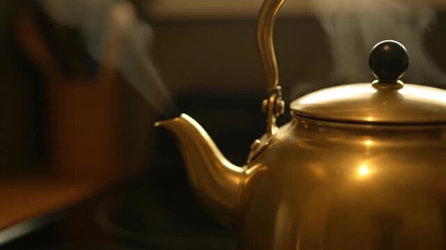 A close up shot of a golden kettle on a stove releasing steam The warm lighting creates a cozy atmosphere perfect for a hot drink