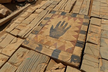 An ancient wooden slab featuring a handprint surrounded by geometric patterns, embedded among weathered planks in a sandy setting.