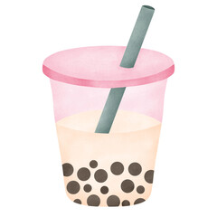 Boba Tea Japanese Food Watercolor Illustration. ideal for Food, Valentine&rsquo;s Day, graphics, romantic branding, stickers, and social media visuals.