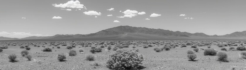 A vast, monochrome desert landscape featuring sparse vegetation and distant mountains under a cloudy sky.